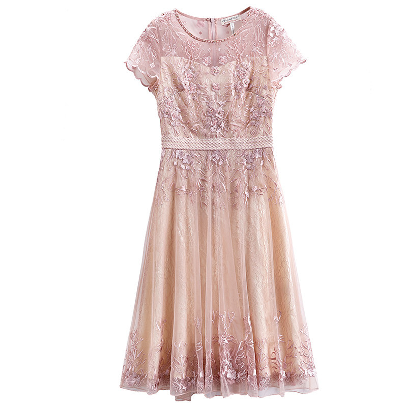 2019夏季新款气质收腰显瘦高档裙子粉色网纱刺绣钉珠重工连衣裙女