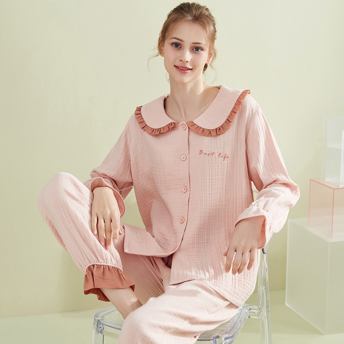 顶呱呱睡衣女春夏长袖睡衣双层纱布柔软薄款开襟家居服套装顶瓜瓜