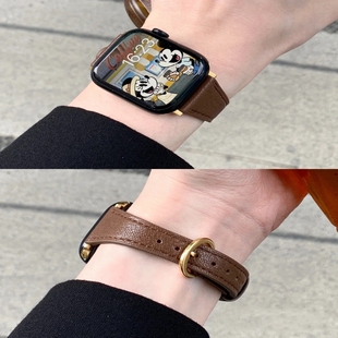 iwatch表带高级感真皮质小蛮腰适用苹果手表s9876se夏天女款ultra