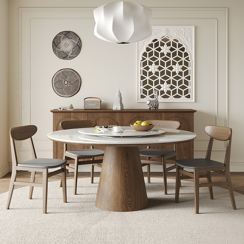 实木岩板圆桌简约现代家用法式小户型白蜡木设计师别墅圆形餐桌椅