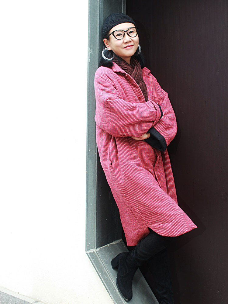 姜欢设计冬款亚麻工装文艺风廓形感立领宽松显瘦大棉袄大福暗红