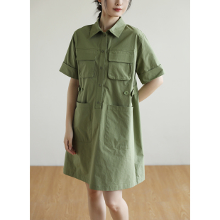 天然出品百搭休闲显白绿色翻领工装连衣裙收腰中长裙夏季QA6357