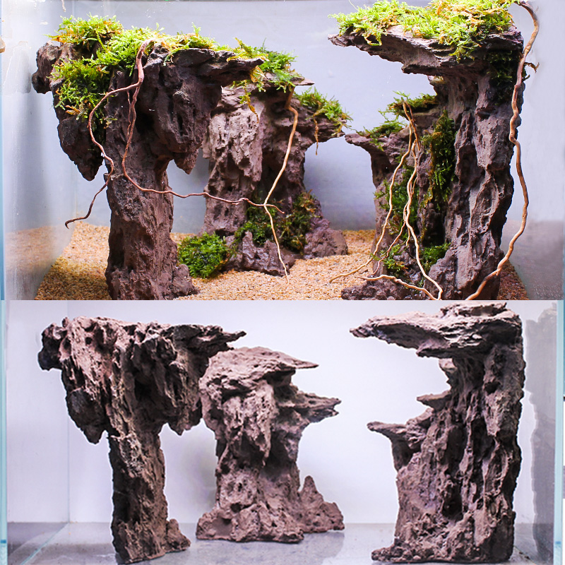 鱼缸仿真松皮石假山造景骨架枯山孤岛崖窟石头成品套餐水草缸峡谷