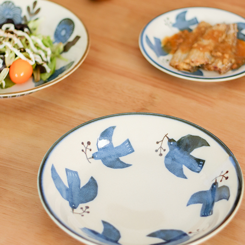 日本BISQUE美浓烧kukka陶瓷盘子复古印花深盘海鸥盘北欧风餐具