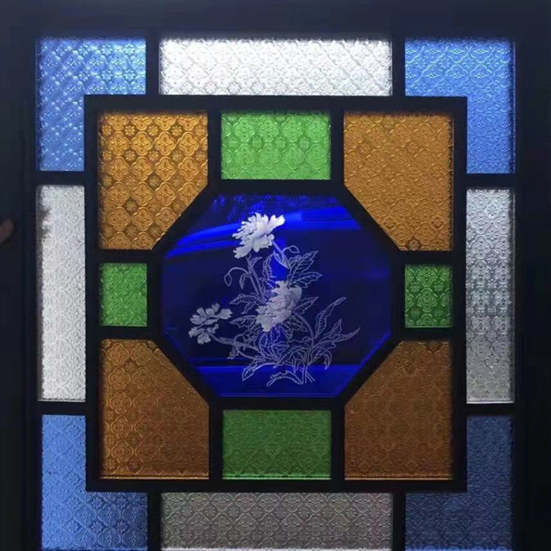 定制复古满洲窗压花艺术海棠花玻璃岭南风木格花窗屏风玄关背景墙