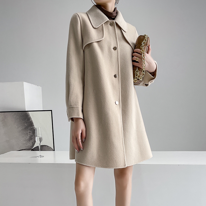 100纯羊毛双面羊绒大衣高端女装2021年气质中长款娃娃领毛呢外套