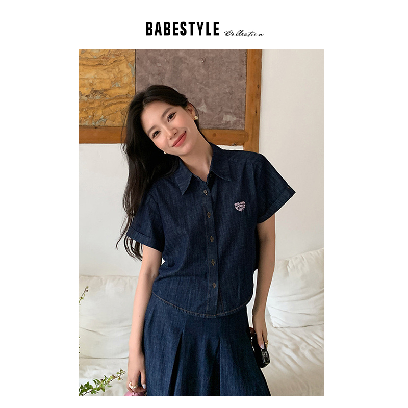 [BABESTYLE]VOL269 工装学院风~法式优雅中性刺绣牛仔衬衫+半身裙