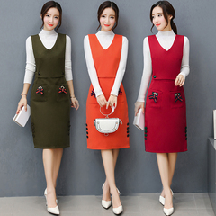 实拍2017秋冬新款韩版修身中长款三件套连衣裙女送打底衫