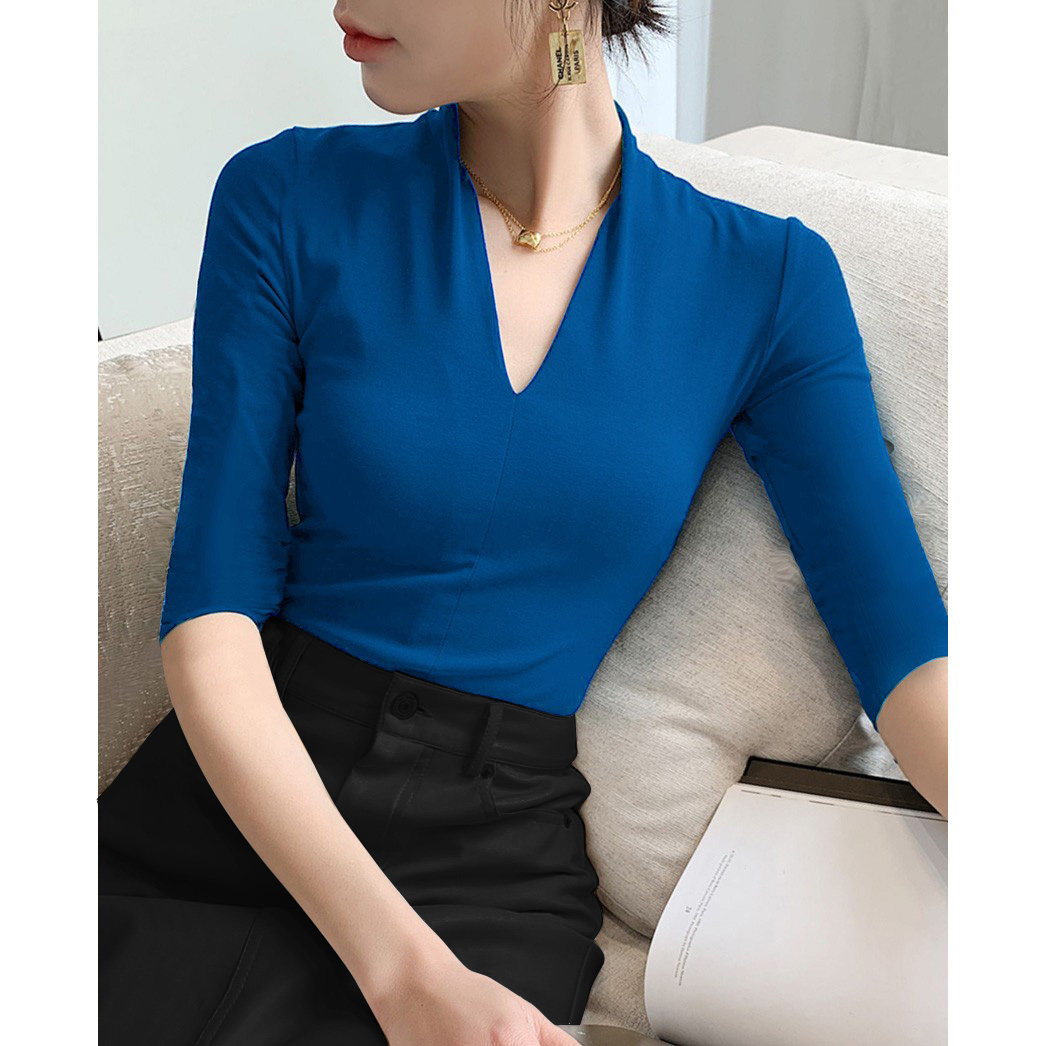 复古深v领女t恤春中袖修身打底衫黑色性感小心机紧身针织短袖上衣