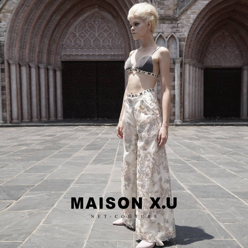 高级感 MAISON X.U｜杏色花朵重工蕾丝高腰垂坠双层阔腿裤24春夏