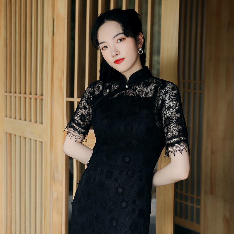 扶夏黑色蕾丝旗袍2021年新款高级重工时尚性感旗袍连衣裙日常可穿