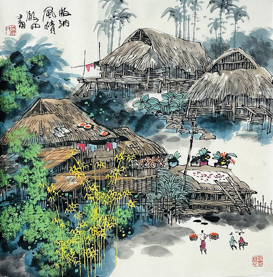 名家原创手绘真迹收藏斗方彩墨山水画版纳风情水墨水乡玄关装饰画