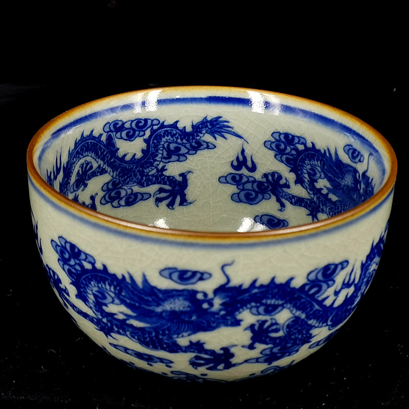 景德镇柴烧老陶泥仿古青花开片龙纹五龙图大号主人杯品茶杯200ml