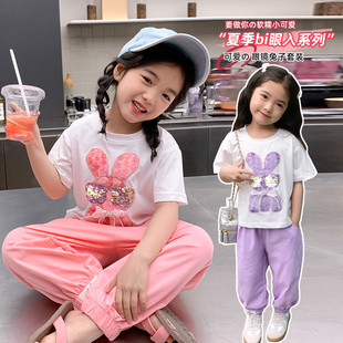 韩系童装卡通兔宝宝短袖T恤宝宝洋气半袖上衣长裤女童甜美套装潮