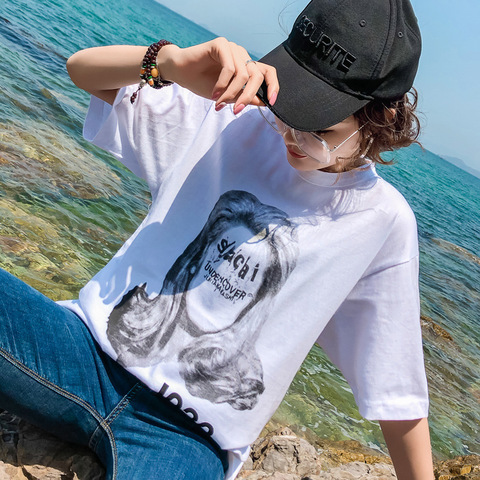 2018韩版夏季新款中长款大码女装时尚美女头像百搭宽松短袖t恤女