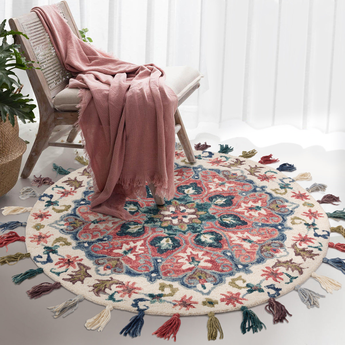 民族异域风手工编织毯流苏纯羊毛圆形地毯地板椅子保护垫加厚防滑