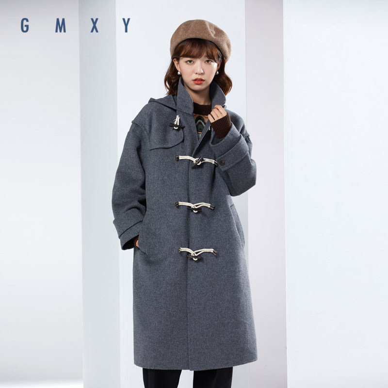 商场同款古木夕羊gmxy长款连帽大衣女2021年冬季复古毛呢风衣