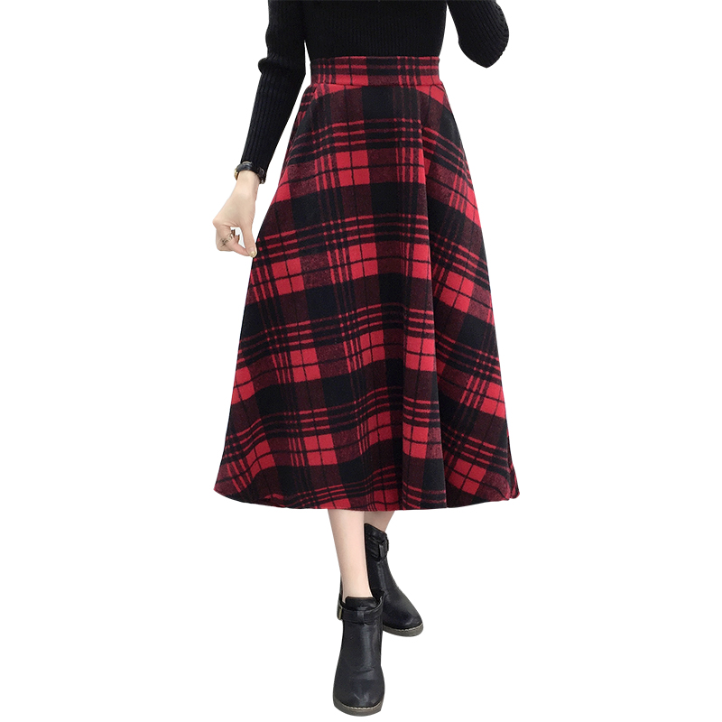 毛呢格子半身裙女秋冬中长款复古大摆伞裙女百搭呢子a字长裙显瘦