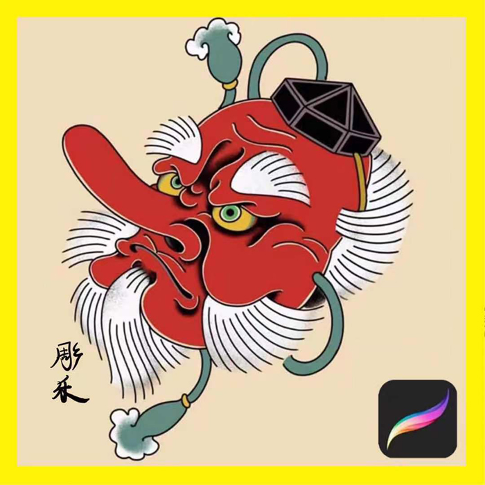 彫乐ipad procreate老传统纹身大天狗阿多福笔刷绘画软件刺青素材