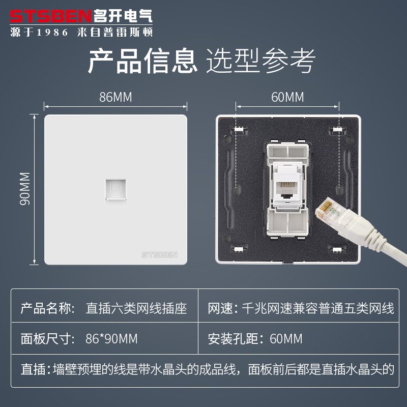 86型暗装双直通千兆网络网口面板C