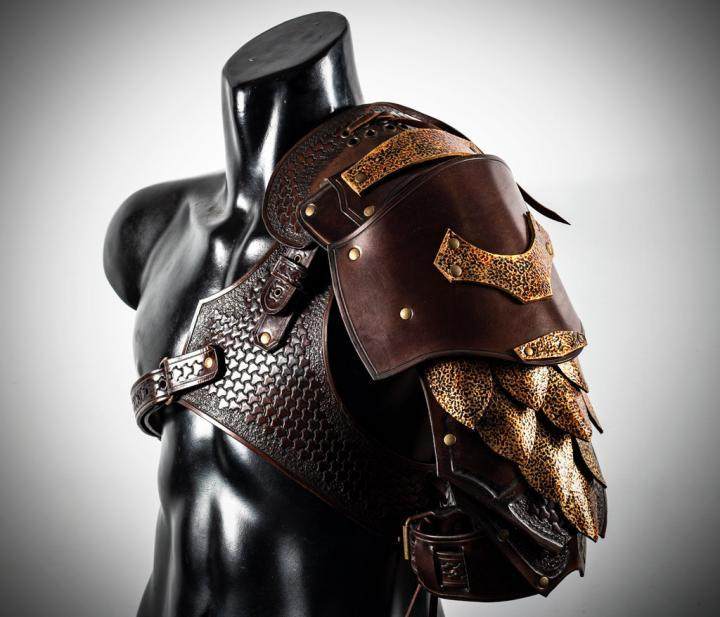 西班牙代购viking手作复古中世纪维京人金色鳞片棕色皮革护肩铠