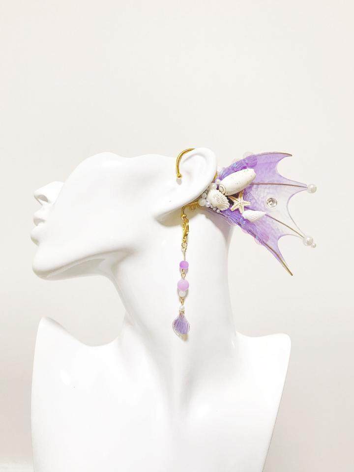 美国代购purple手作紫色美人鱼精灵幻想装饰自然鱼鳍耳夹耳饰