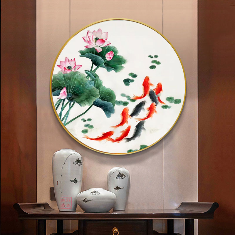 苏绣成品挂画圆形荷花九鱼图手工刺绣餐厅玄关装饰画绣品现代中式