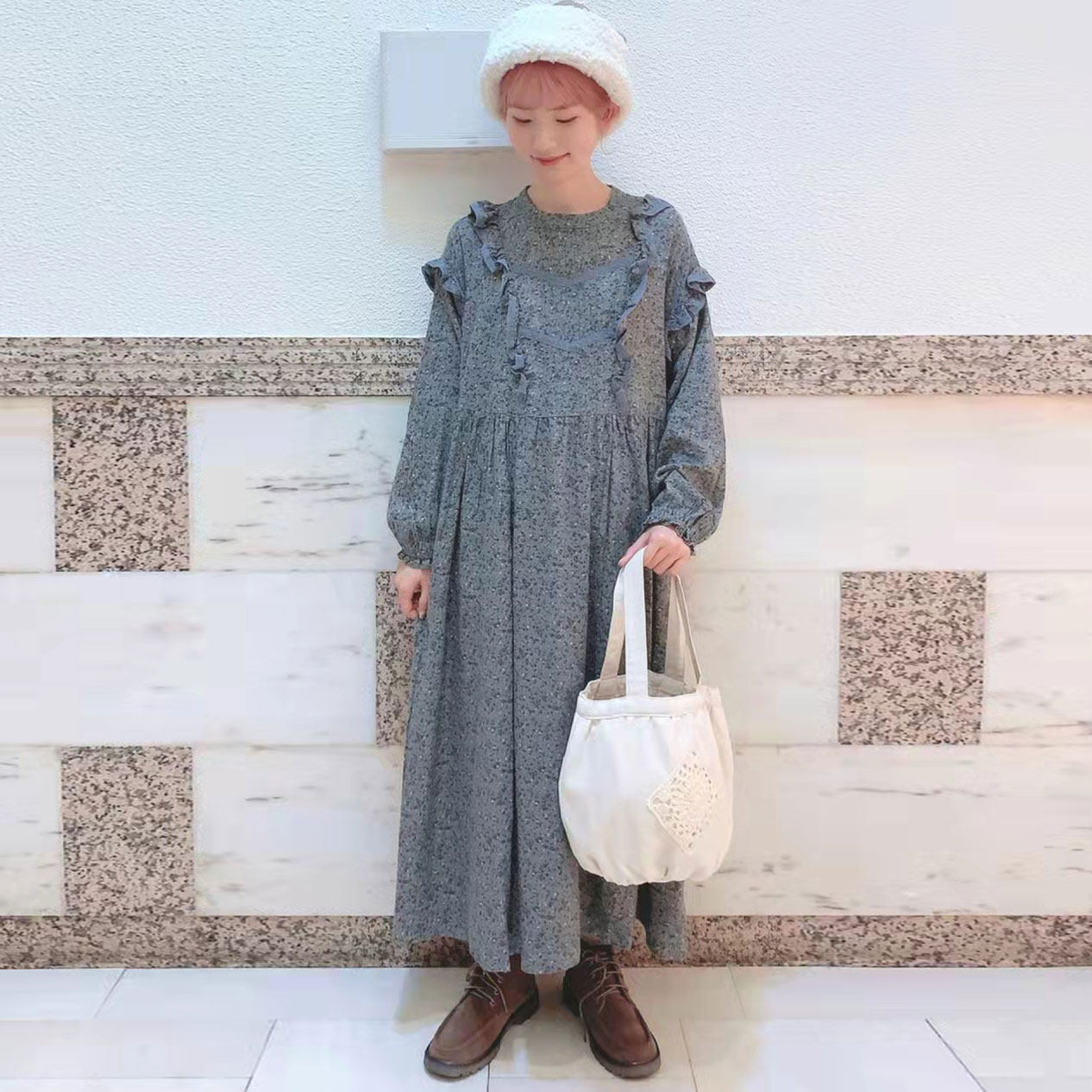 日系森女甜美蕾丝边碎花连衣裙女21年秋冬田园风圆领宽松长袖洋装