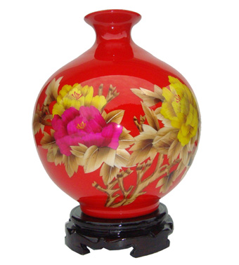 景德镇陶瓷落地花瓶 现代时尚中国红牡丹麦秆花瓶家饰客厅摆件
