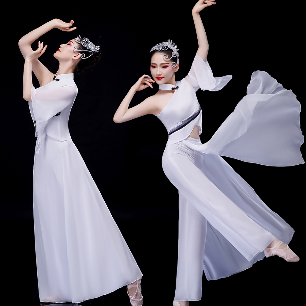 菲凡新娘白色飘逸雪纺古典舞水墨服古典风舞蹈演出民族舞台服装女