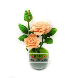 成品钩针编织毛线花盆栽桌面仿真花假花月季花玫瑰花有材料包