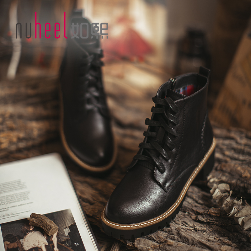 如熙馬丁靴2017秋鼕季短靴新款粗跟中跟女靴子英倫風單靴圓頭女鞋