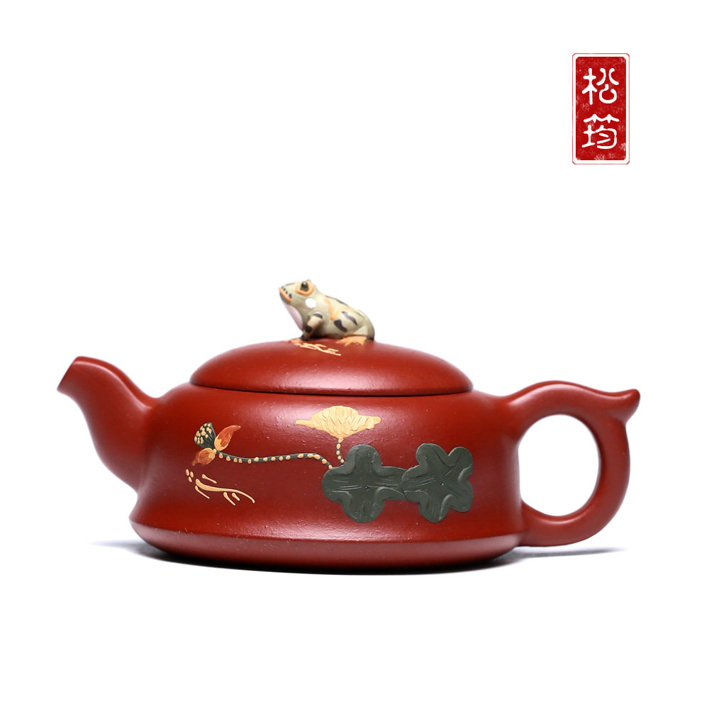 宜兴紫砂壶手工荷塘月色壶青蛙荷叶大红袍茶壶石瓢壶朱泥精品茶具