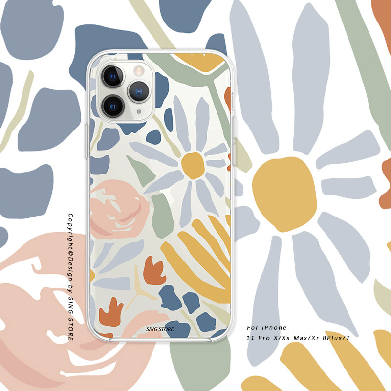 原创ins艺术涂鸦花适用iphone11苹果x手机壳8plus透明xr/promax女