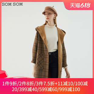 SOMSOM/索玛中长款连帽格子双面呢毛呢外套女秋冬季羊毛呢子大衣