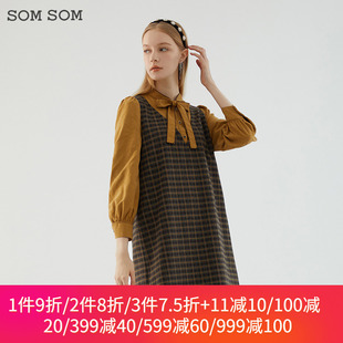 SOMSOM/索玛冬季格子连衣裙女修身显瘦长袖小个子假两件中长款裙
