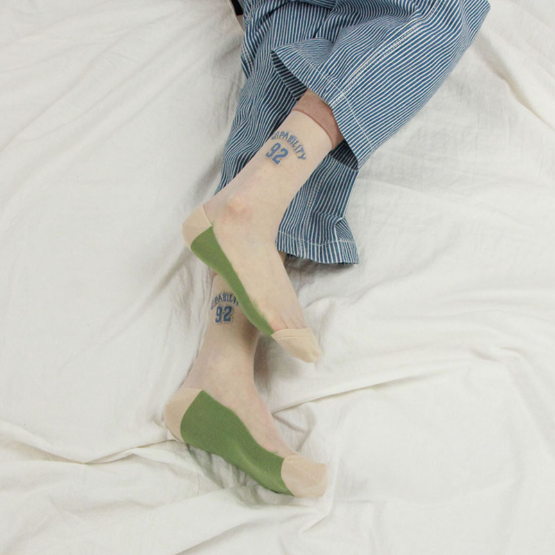 美式奶茶蓝绿女个性夏季薄款字母数字透气中筒袜玻璃丝袜水晶丝袜