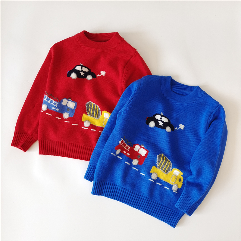 秋冬款儿童羊绒男童套头针织衫宝宝圆领毛衣蓝色汽车羊毛衫百搭款