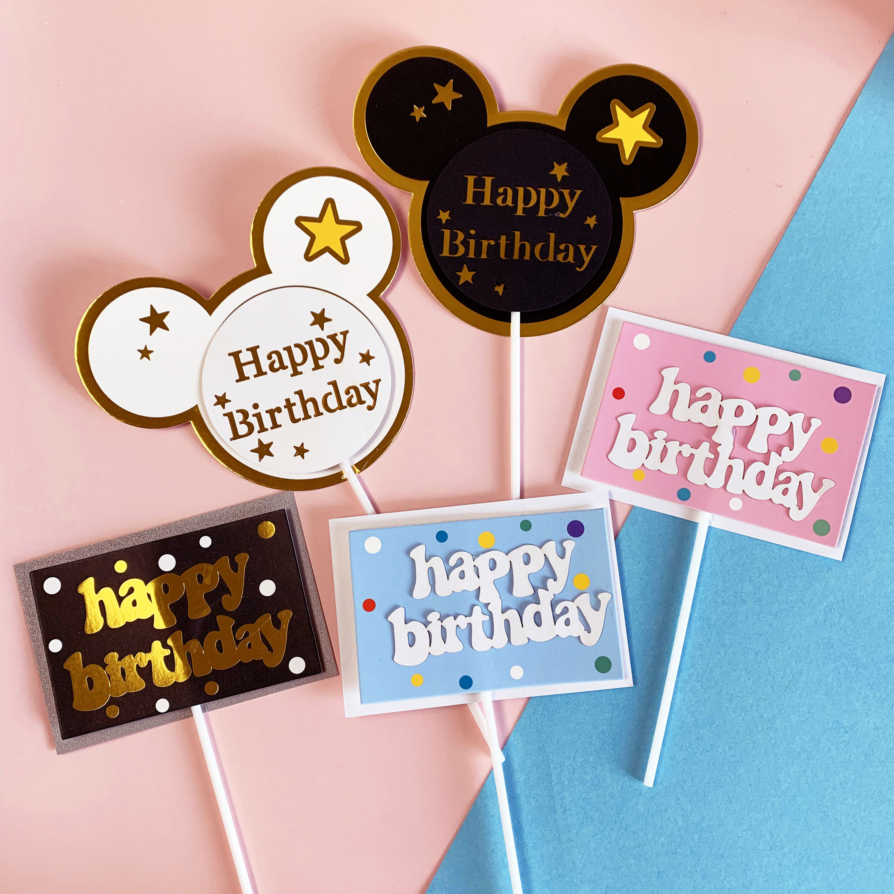 ins韩式烫金多层生日快乐米奇蛋糕装饰插牌方形蓝粉彩色斑点生快