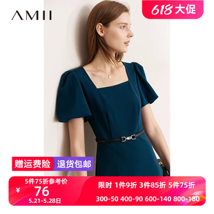 Amii2024夏季新款通勤方领连衣裙女修身短袖A字裙短款小黑裙子