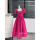 红色方领泡泡袖连衣裙女夏季长裙高端精致气质法式赫本风礼服裙子