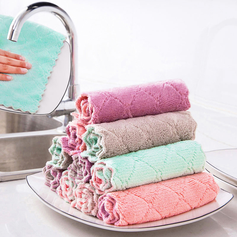 洗碗布巾家务清洁吸水双层抹布不沾油百洁布厨房珊瑚绒擦桌擦碗巾