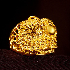 外贸新款铜镀金饰品沙金龙头浮雕开口戒指仿黄金食指环霸气男戒子