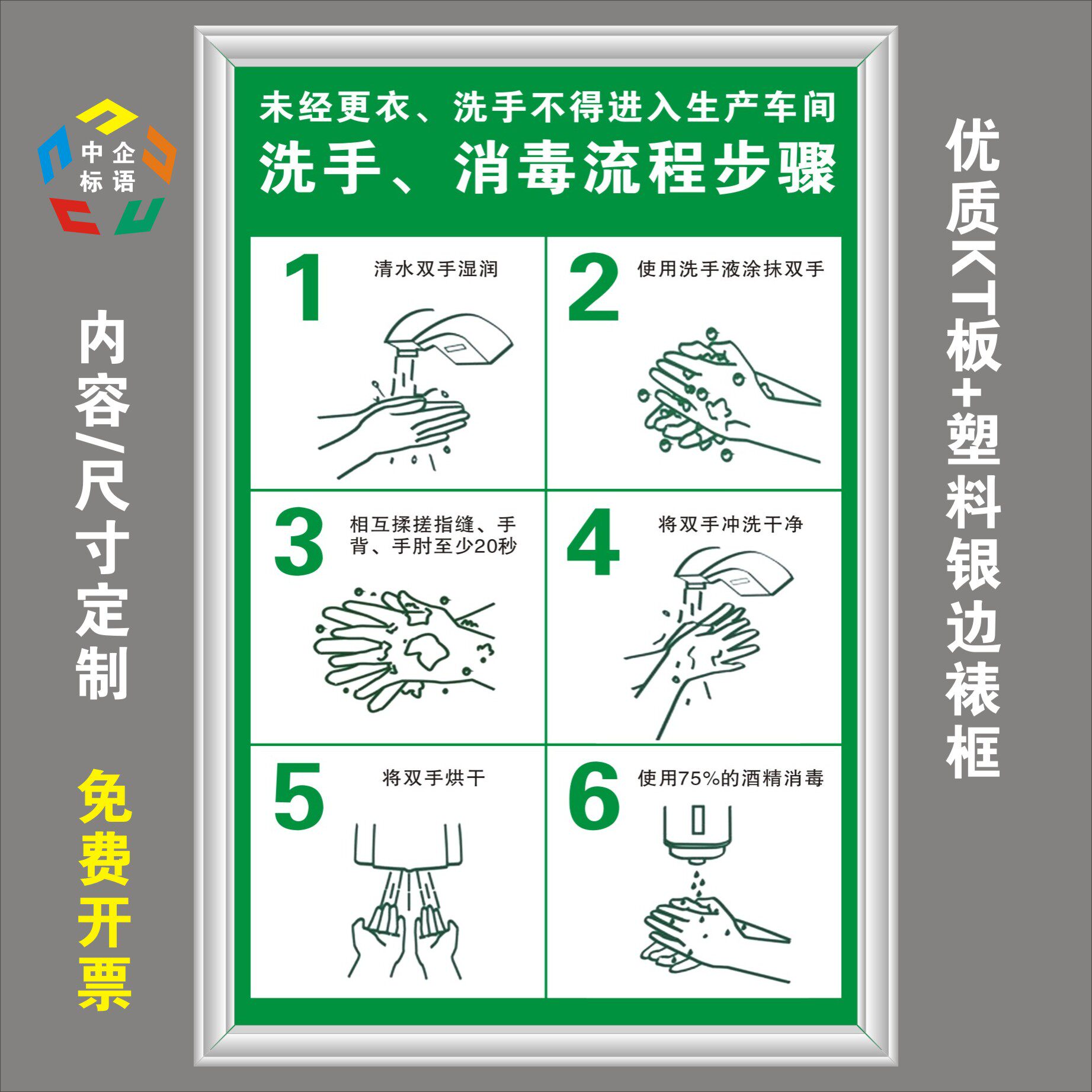 洗手消毒流程步骤食品加工厂厨房更衣室进入车间kt看板上墙标语牌