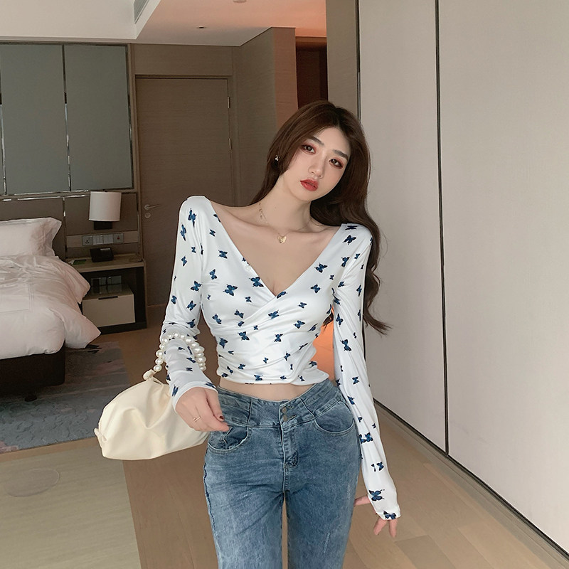 辣妹前后大v领上衣女性感低胸蝴蝶印花长袖t恤衫,女装t恤,zx臻熙服饰