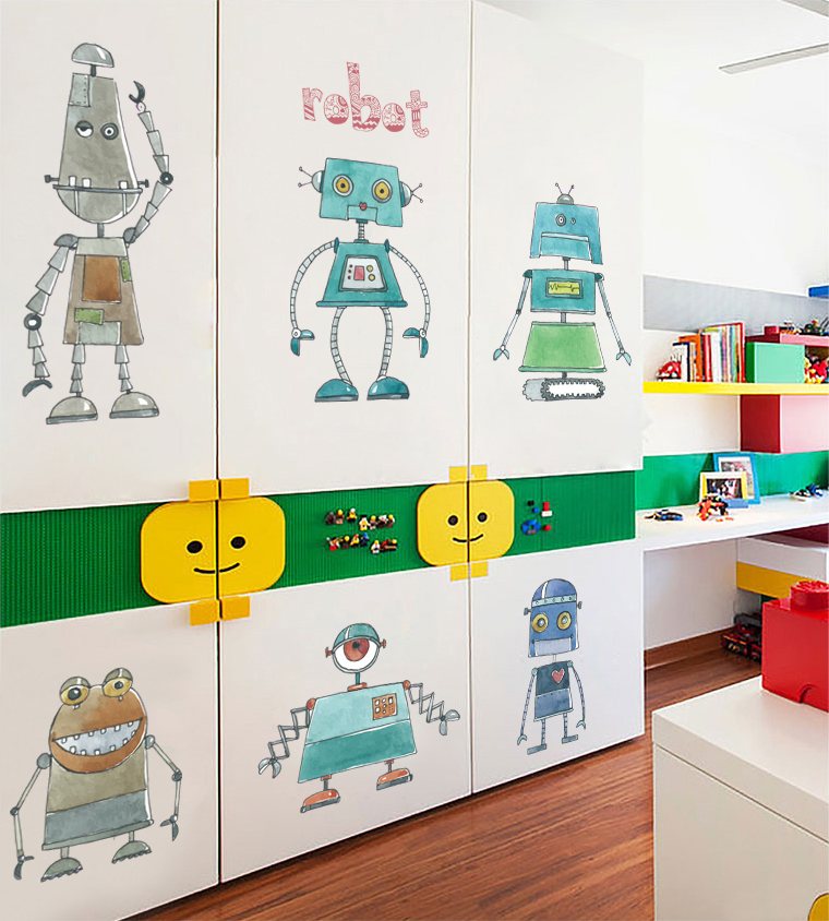 卡通手绘机器人墙贴纸早教幼儿园教室男孩儿童房布置装饰自粘贴画