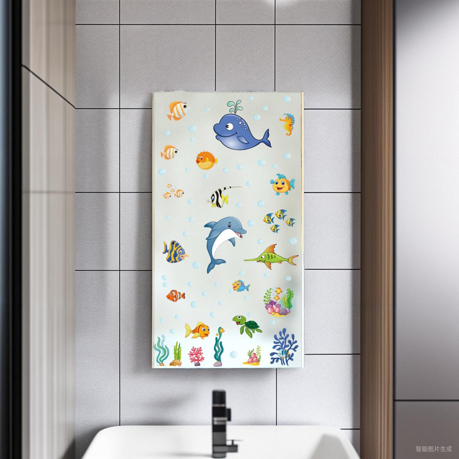 海洋鱼海豚无胶双面静电贴纸浴室卫生间玻璃瓷砖装饰防水创意贴画