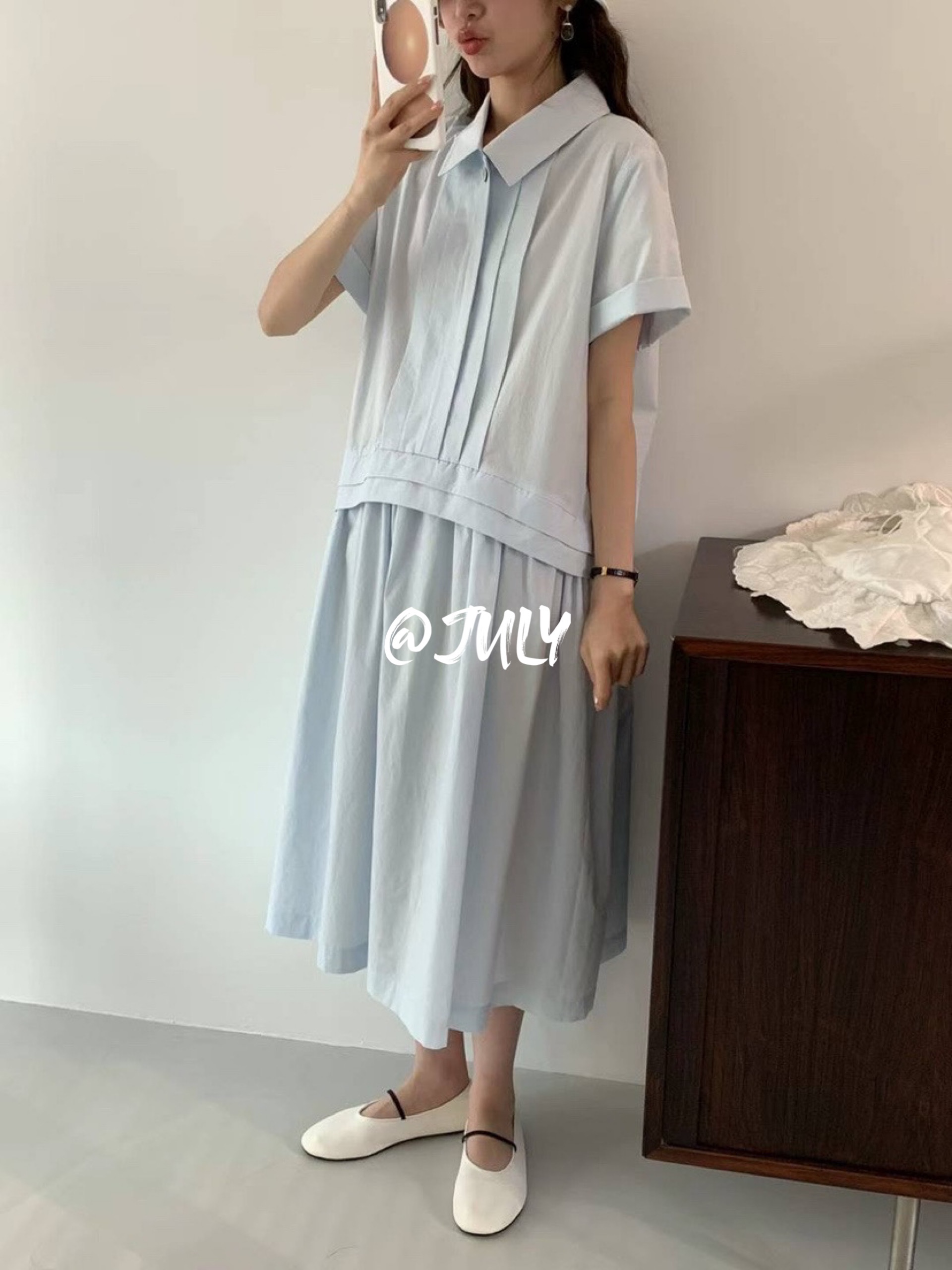 EGG/DS 韩国东大门代购 24夏季 气质纯色翻领减龄拼接设计连衣裙
