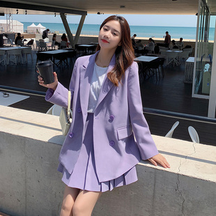 紫色洋气小个子西装百褶裙两件外套女2024春秋新款高级感西服套装