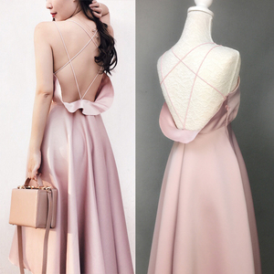 性感大露背吊带连衣裙复古交叉长款度假沙滩裙女缎面晚礼服伴娘服